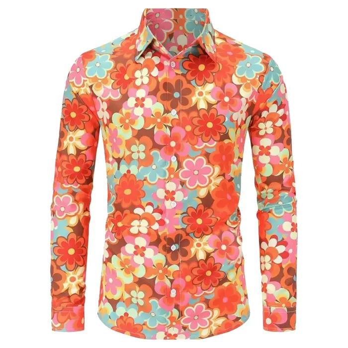  Chemise Hippie d'été des années 70 pour hommes, haut décontracté à manches longues et boutons rétr