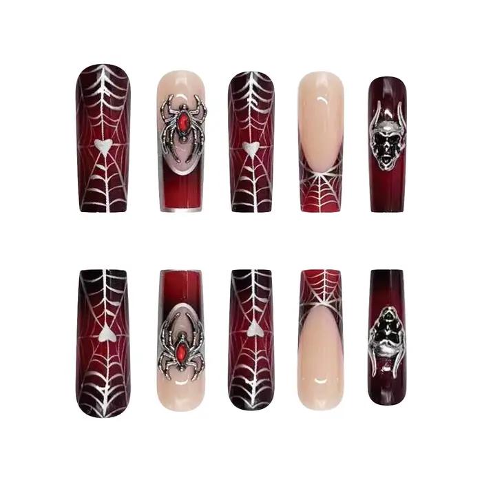 24 pièces français noir presse sur ongles Style Punk 3D araignée crâne conception faux ongles noir r