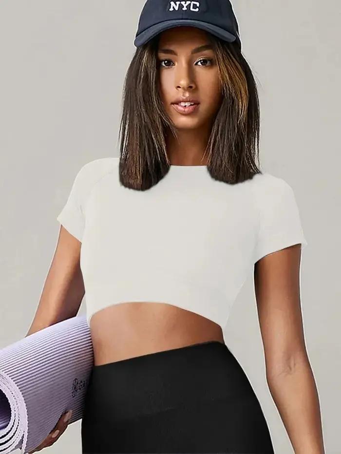 T-shirt de sport sans couture femme haut de yoga fitness manches courtes confortable