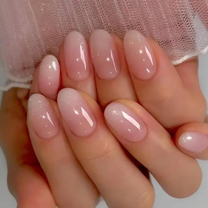 Faux ongles courts ovales dégradés rose pour femmes et filles, finition brillante, couverture complè
