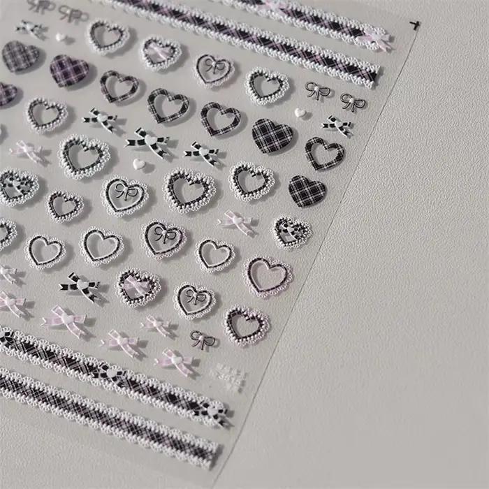 Autocollants en dentelle pour ongles, 1 pièce, motif cœur d'amour, rose, blanc, noir, auto-adhésif,