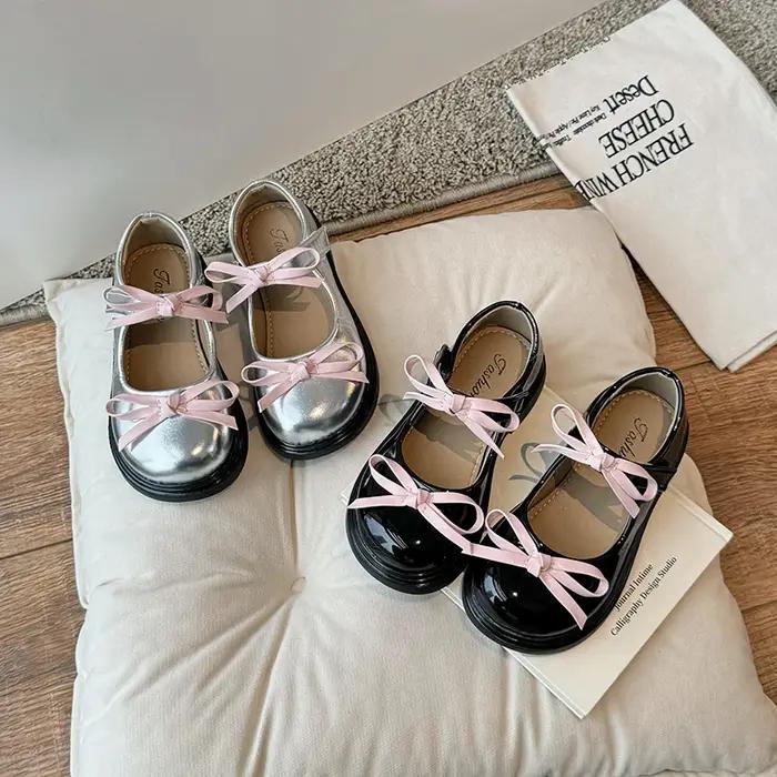Printemps Fille Mary Janes Argent Noir Bowvétérans t Élégant Enfants Chaussures En Cuir Chunky Rond