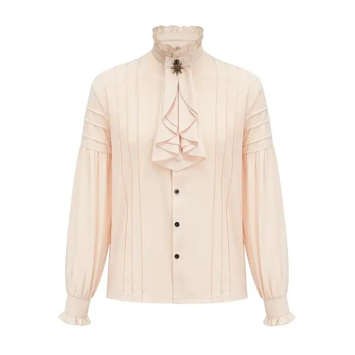 Chemise en coton blanc pour homme, col montant à volants, manches longues lanterne, Pirate Cosplay,