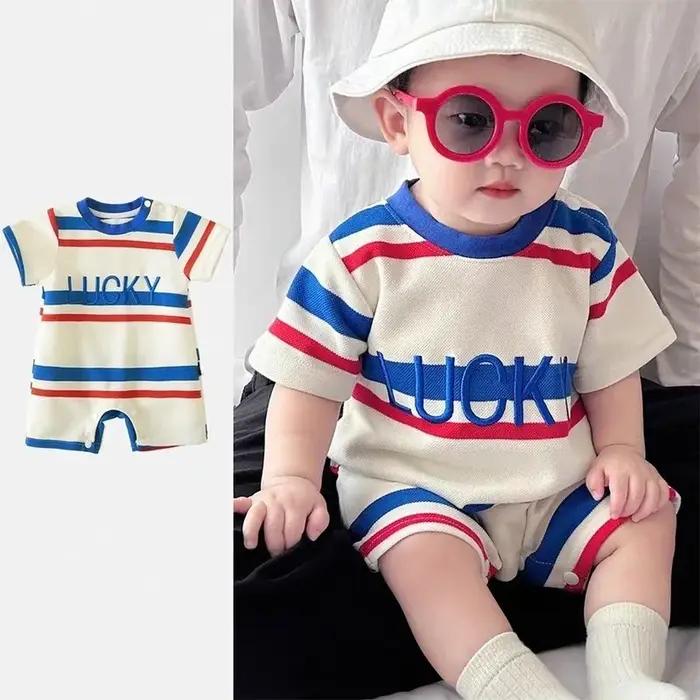 Nouvelle combinaison pour bébé, été, manches courtes, à rayures colorées, avec lettres, combinaison