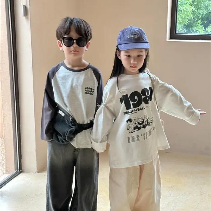 T-shirt manches longues col rond pour enfants, ample, en coton, avec lettres de dessin animé, printe