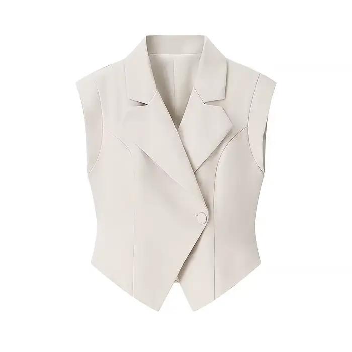 Ensemble tailleur chic 2 pièces pour femme : Gilet ajusté à col rabattu et pantalon long large à tai