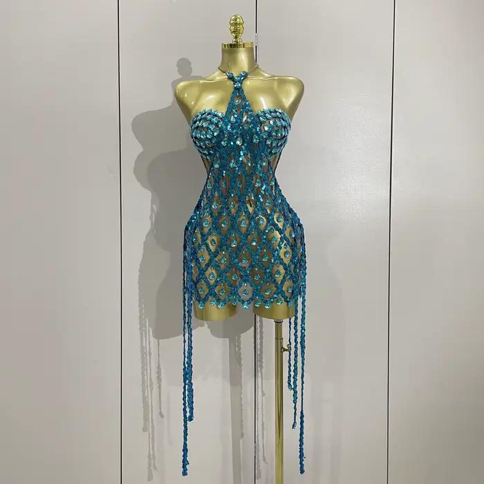Ensemble deux pièces Transparent en maille de diamant pour femmes, Sexy, paillettes scintillantes, r