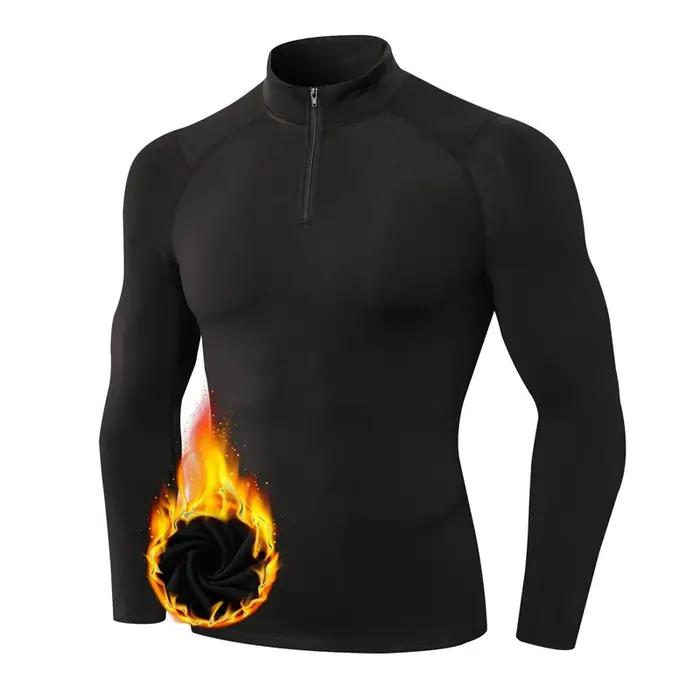 Chemises de compression thermique à fermeture éclair pour hommes, couche de base athlétique doublée