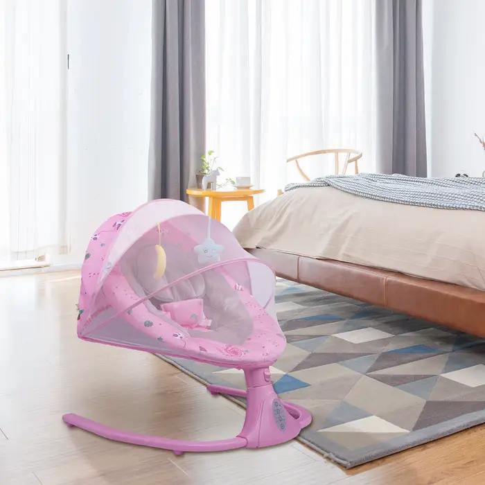 Transat bébé rose, réglable sur 3 positions et 4 vitesses de balancement, 12 berceuses Bluetooth, ca