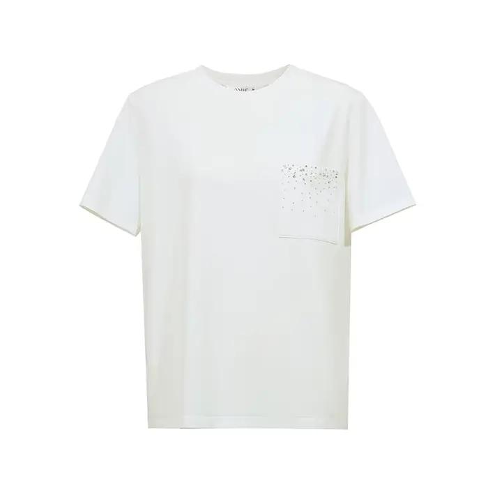 T-shirt Amii pour femme, nouvelle collection été 2026, col rond, en coton extensible, avec poche orn