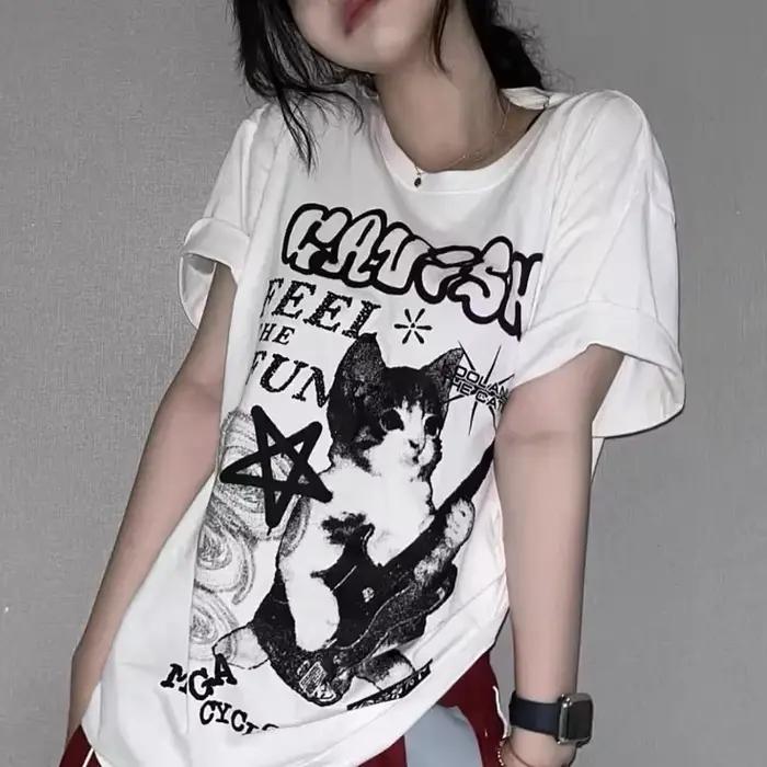 JEGraphic-T-shirt à manches courtes Cat Rock pour femmes, Streetwear américain, Vêtements d'été, Mod