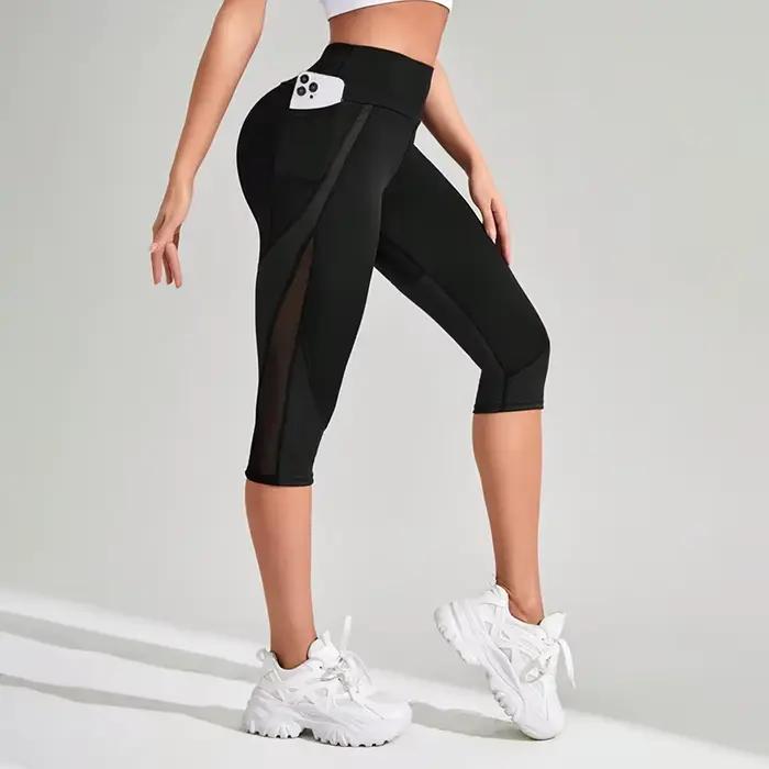 Pantalon yoga maille taille haute femme - Capri training avec poches tuniControl