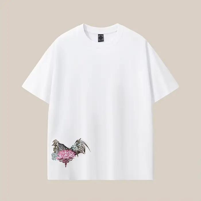 T-shirt pour hommes grande taille, 100% coton peigné, broderie, coupe ample, col rond, manches courtes, hauts d'été
