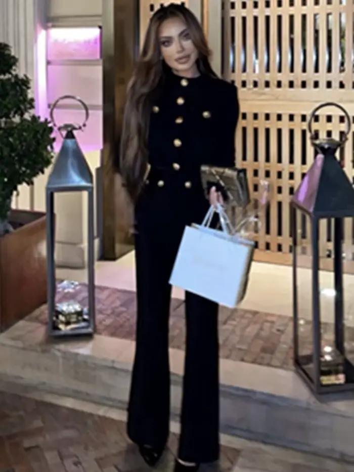 Nouveau Style d'automne couleur noire femmes à manches longues bouton rayonne Bandage manteau pantal