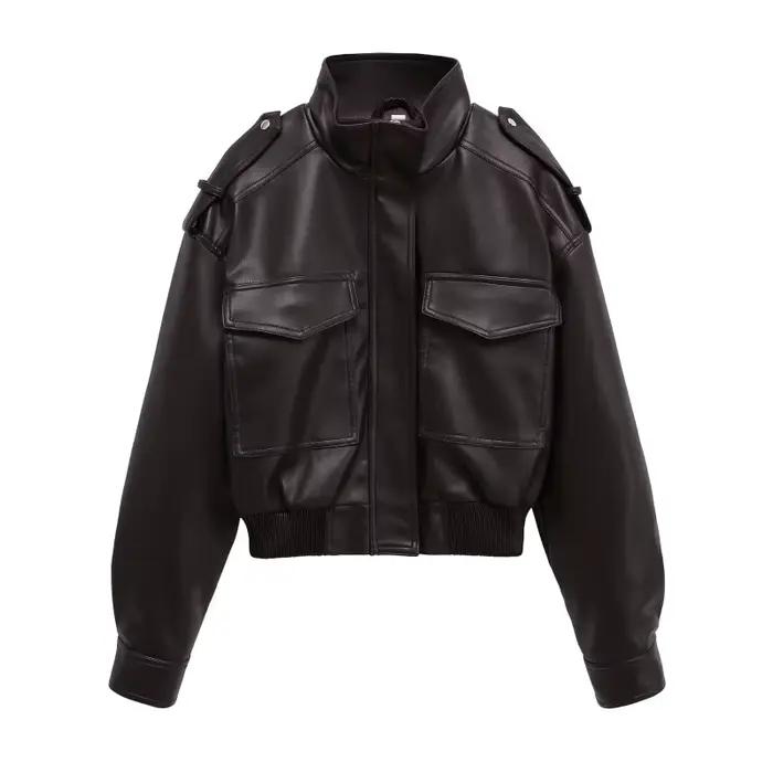 ETJ 2025 Nouvelle collection femme : veste courte moto col montant Y2K grande poche veste en simili