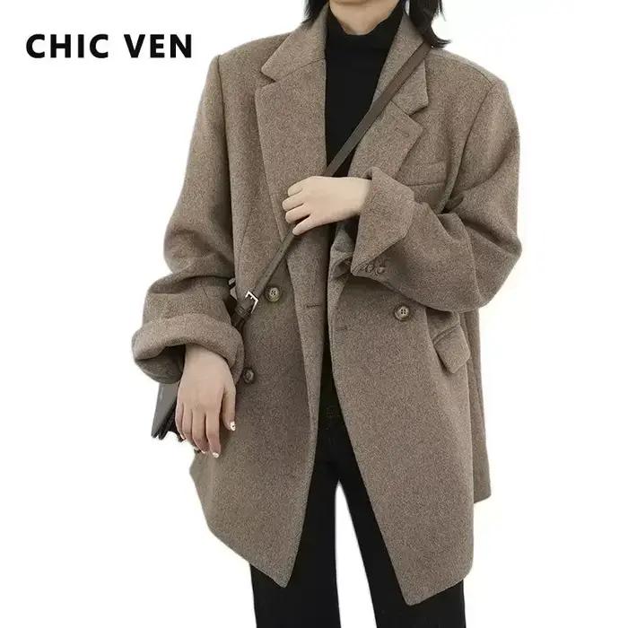 CHIC VEN femmes laine mélange manteau solide mi-long laine Blazer épais chaud Blouse femmes pardessu