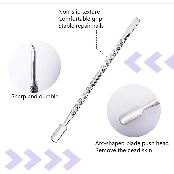 Dissolvant de cuticules en acier inoxydable, Double face, doigt, peau morte, poussoir de cuticules,