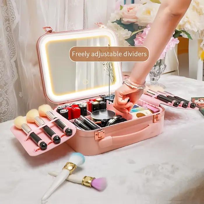 Boîte de rangement de maquillage portable avec lumière LED et miroir – Étui de train cosmétique adap
