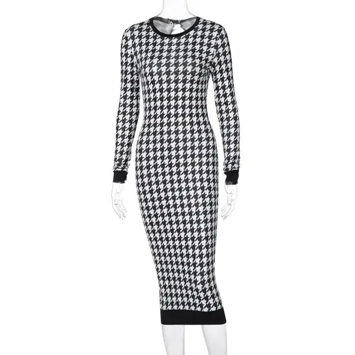 Robe mi-longue imprimée pied-de-poule pour femmes, manches longues, ajourée, moulante, Sexy, Streetw