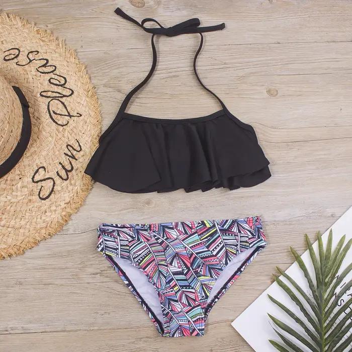 Maillot de bain à volants imprimé pour enfants, ensemble de bikini d'été pour filles, maillots de ba