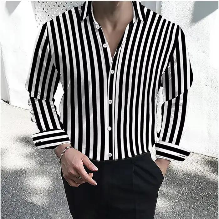 Men's formal shirt button lapel shirt black and white red long sleeve striped collar wedding work cl