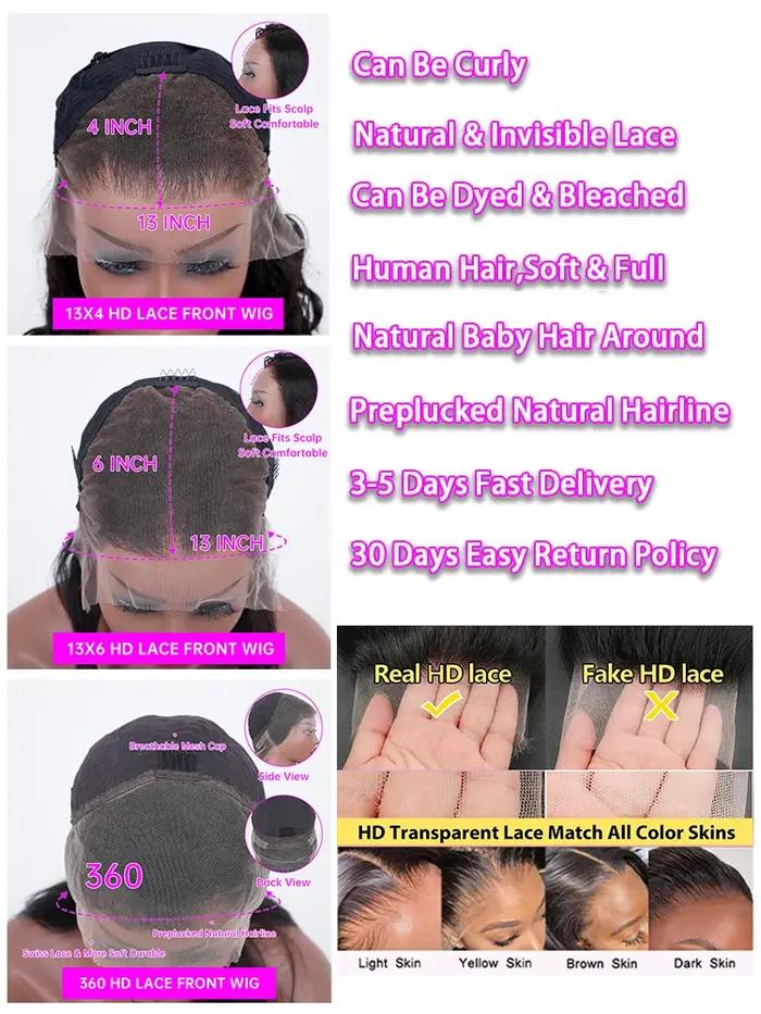Perruques en cheveux humains ondulés de 30 à 40 pouces, perruque frontale en dentelle HD transparent