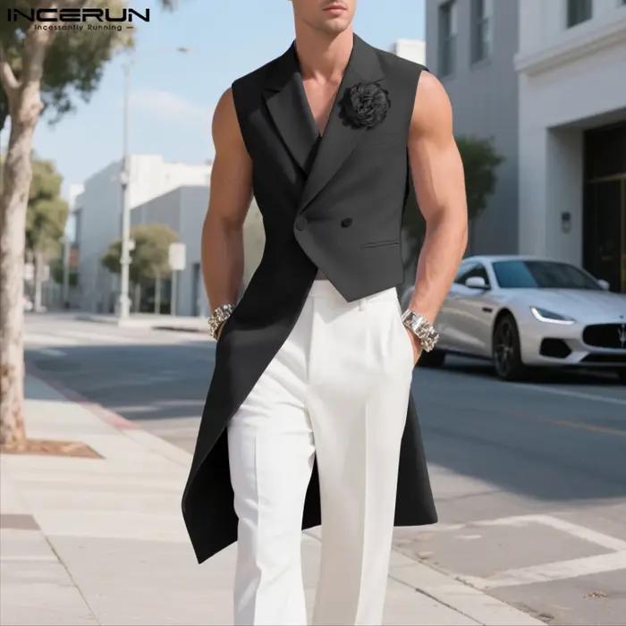 INCERUN hommes Blazer gilets fleur décoration revers sans manches gilets irréguliers hommes Streetwe