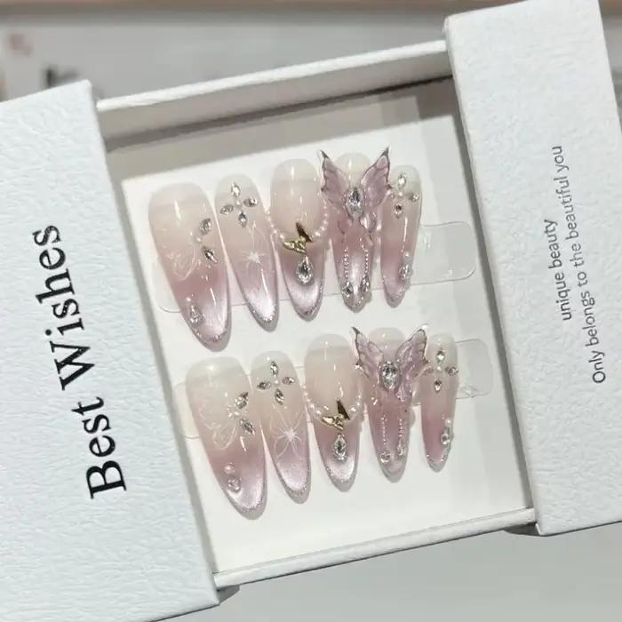 10 pièces rose oeil de chat faux ongles 3D papillon faux ongles diamant perle presse sur ongles dégr
