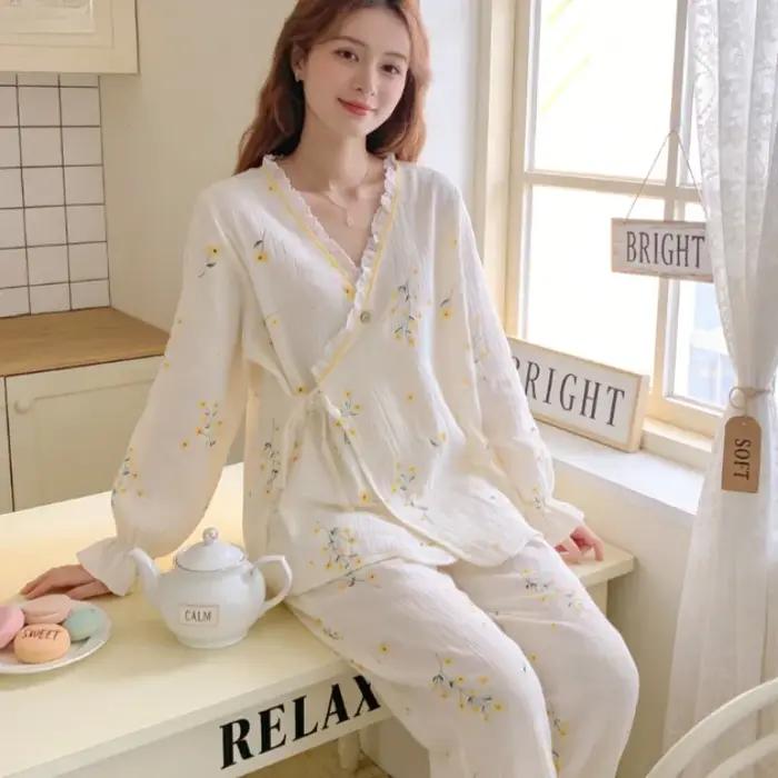 Robe de maternité en gaze de coton, kimono fin, pyjama d'allaitement pour la grossesse, post-partum,