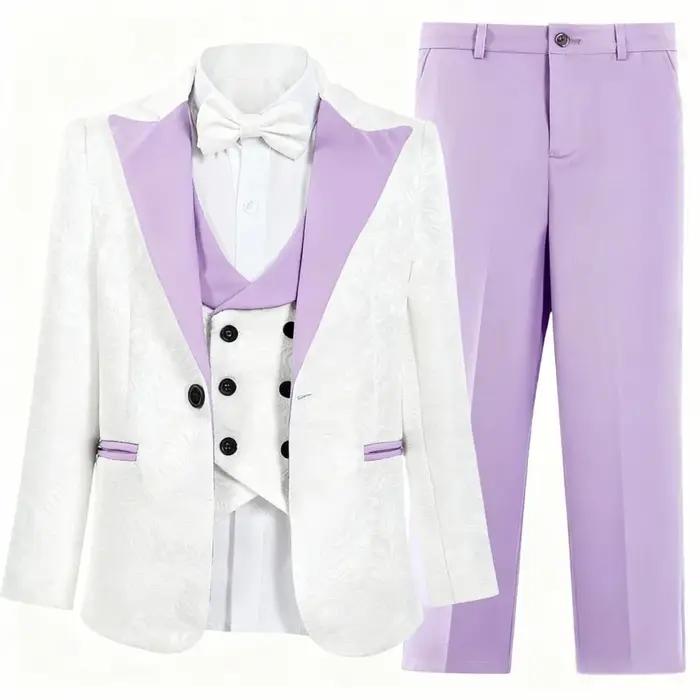 Vente chaude de luxe lilas blanc Jacquard garçons costume ensemble 4 pièces 3-14 ans coupe ajustée v