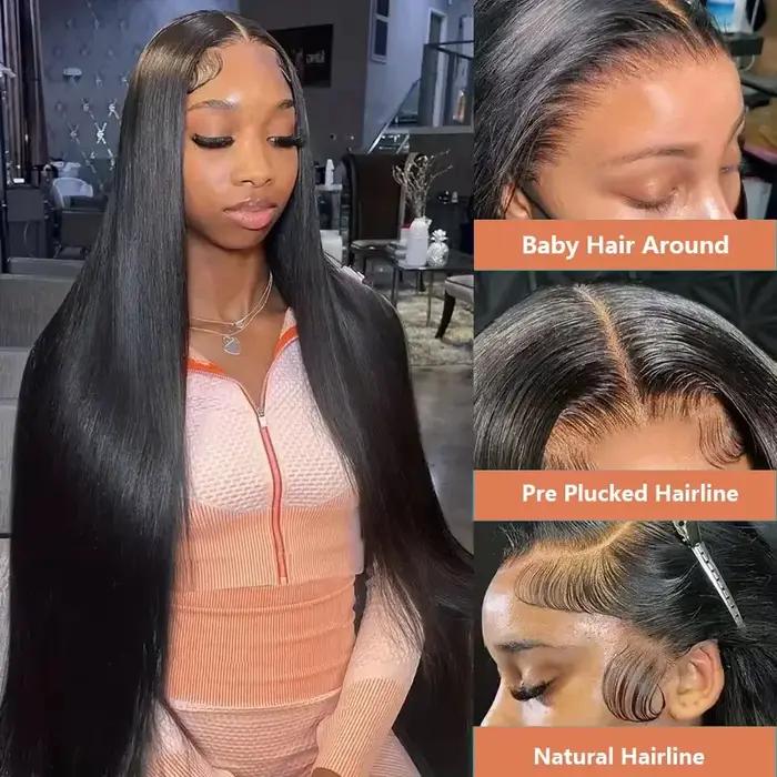 30 pouces naturel noir 360 dentelle avant droite perruques de cheveux humains 360 HD transparent ple