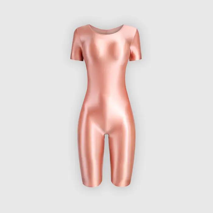 Maillot de bain une pièce en satin brillant pour femme, body sportif, collants huileux, lisse, manch