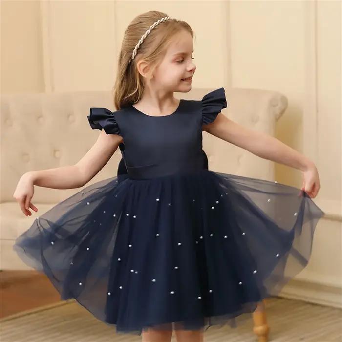 Robe en tulle bleu à dos nu pour petite fille, tenue de fête, princesse, avec nœud papillon