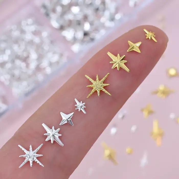 Breloques étoiles métalliques 3D pour Nail Art, 12 grilles, or/argent, Starlight, croix, Rivets, déc