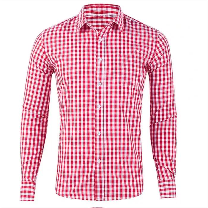 Chemise homme chemise boutonnée rouge bleu manches longues plaid/check revers street resort imprimé