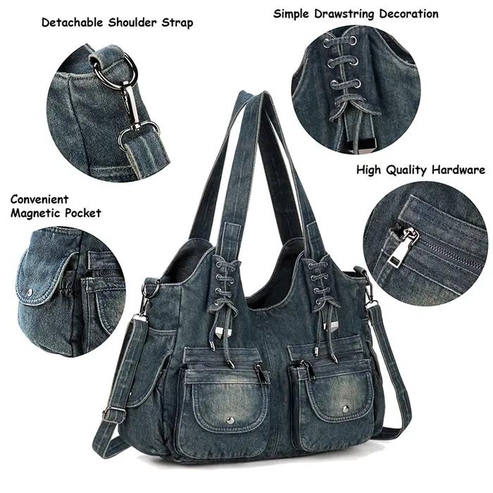 IPinee-Sac en jean bleu vintage pour femme, sac à main à bandoulière, portefeuille initié, grande ca