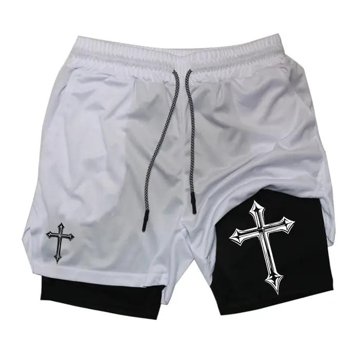 Short d'entraînement 2 en 1 homme - Imprimé croisé avec doublure compression, poche téléphone et boucle serviette