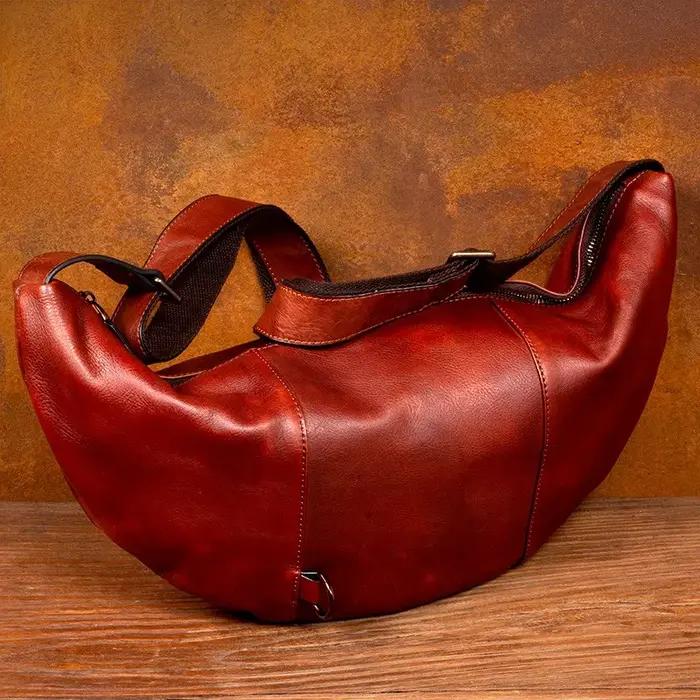 Sac de poitrine en cuir véritable fait à la main, sac à bandoulière décontracté, sac à bandoulière s