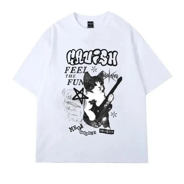 JEGraphic-T-shirt à manches courtes Cat Rock pour femmes, Streetwear américain, Vêtements d'été, Mod