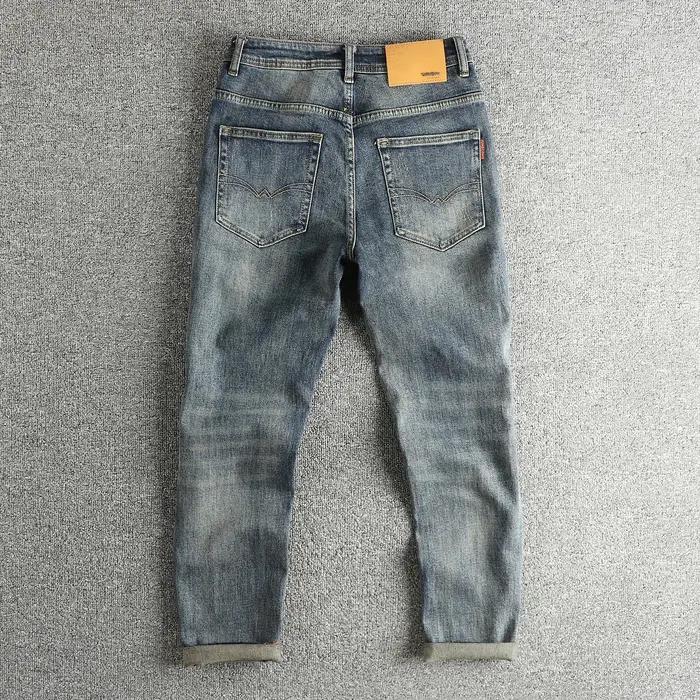 Jean rétro bleu avec moustaches de chat frit pour hommes, tissu personnalisé haut de gamme, marque d
