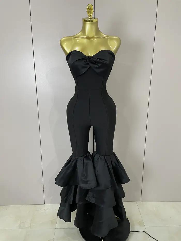 Luxe anniversaire Sexy bretelles noir volants moulante Flare Bandage combinaison 2025 femmes célébri