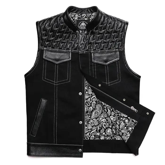 SOA-Gilet de motard en cuir de vachette pour homme, veste en cuir de moto, veste en jean patchwork,