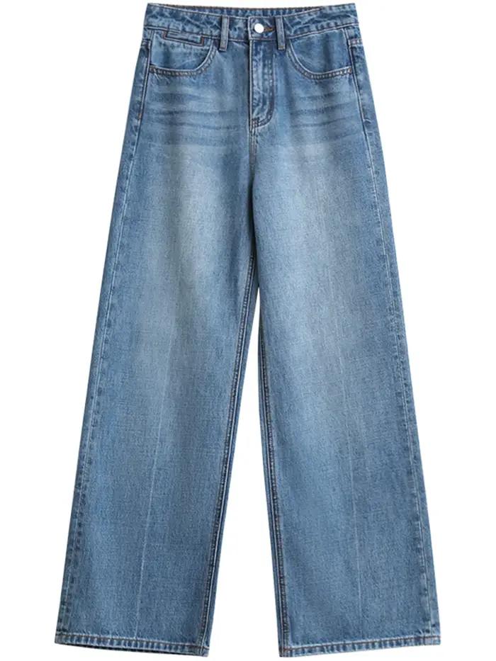 CHIC VEN femmes jean bleu ample décontracté solide nouveau rétro coton jambe large Denim pantalon fe