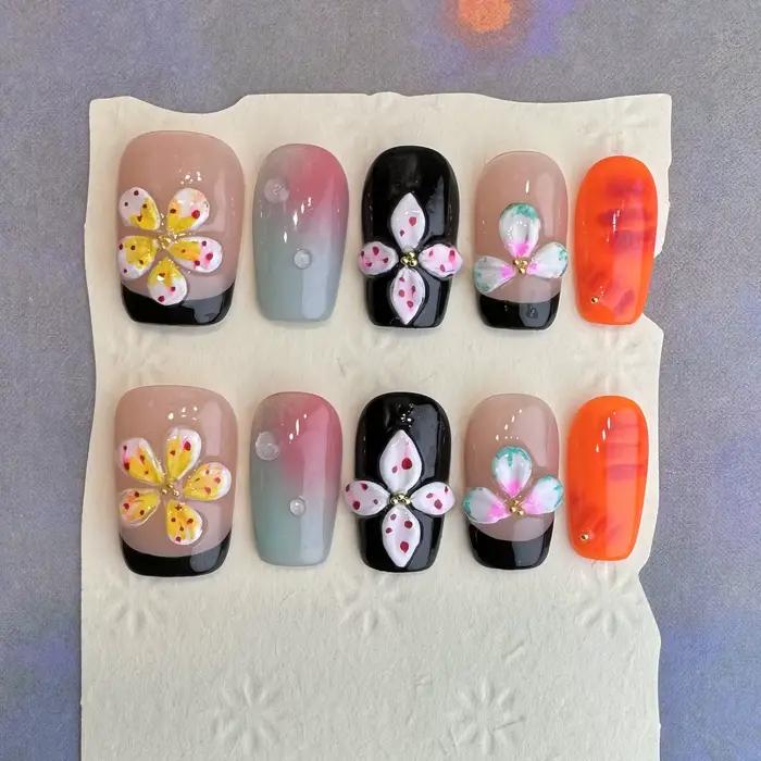 10 pièces 3D fleur verte à la main presse sur ongles français faux ongles portable ongles à coller f