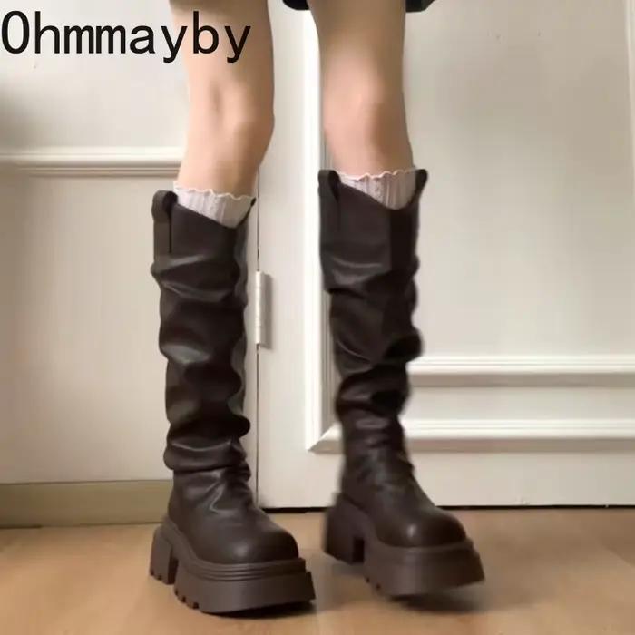 Automne hiver plate-forme fond épais femmes bottes longues mode sans lacet chaussures Vintage dames