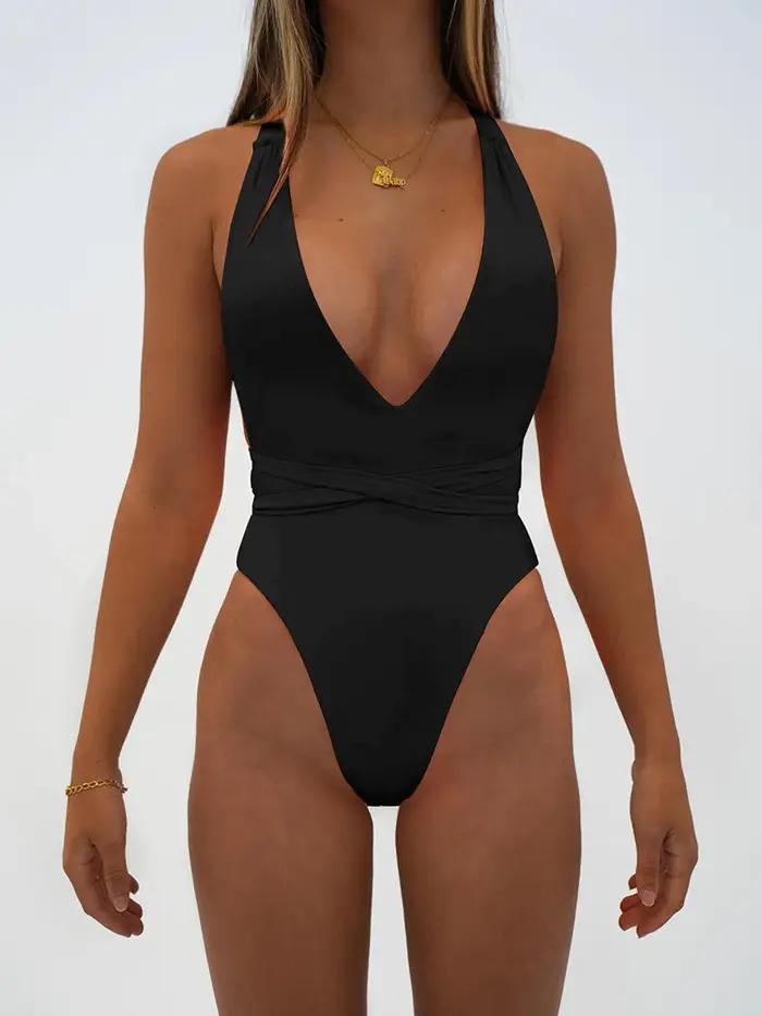 Maillot de bain une pièce Sexy, décolleté en V profond, dos nu, Bandage, Monokini, pour baigneurs, v