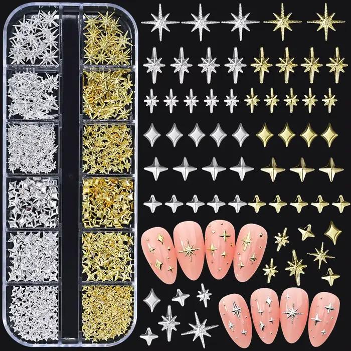 Breloques étoiles métalliques 3D pour Nail Art, 12 grilles, or/argent, Starlight, croix, Rivets, déc