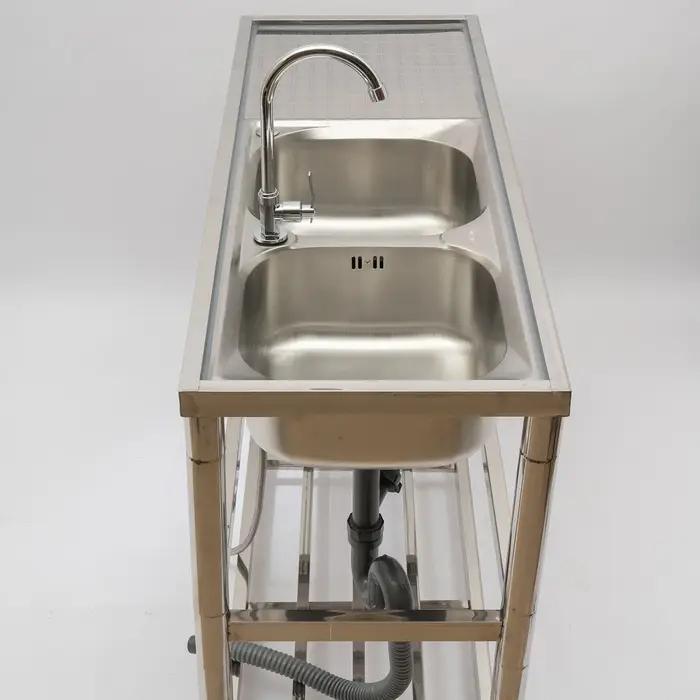 Évier utilitaire commercial en acier inoxydable, évier de cuisine à 2 compartiments avec table de pr