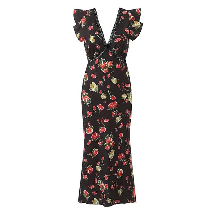 YENKYE romantique dentelle garniture imprimé fleuri crayon robe Sexy femmes manches volantes col en