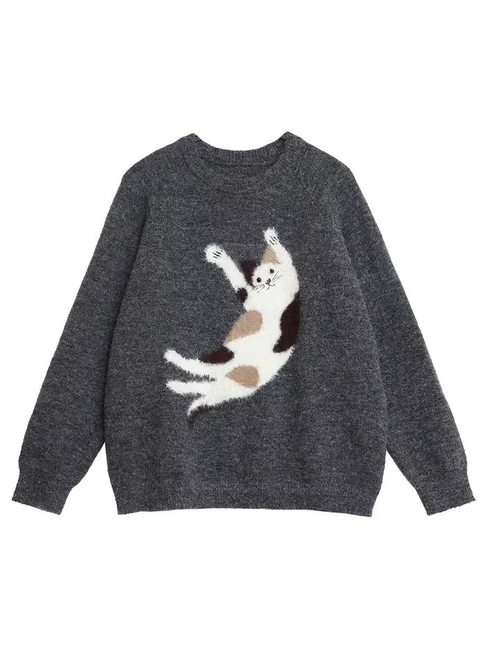 CHIC VEN femmes chandails ample décontracté O cou tricoté dessin animé chat chaud tricot pull femme